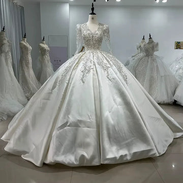 Customize Satin Wedding Dress Long Sleeve V-Neck Sequined Beading Luxury Bridal Dress Vestidos de novia amanda novias official