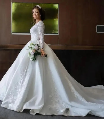 A Line O-Neck White Ivory Custom Zipper Lace Up Wedding Dresses Long Sleeve Beaded Applique Satin Sequins Bridal Gowns Plus Size