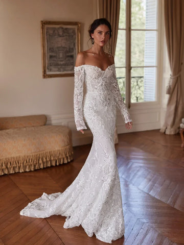 Customized Beaded Lace Mermaid Wedding Dress Long Graceful Off Shoulder Bridal Gown Exquisite Shiny  Dress  Vestido De Noiva