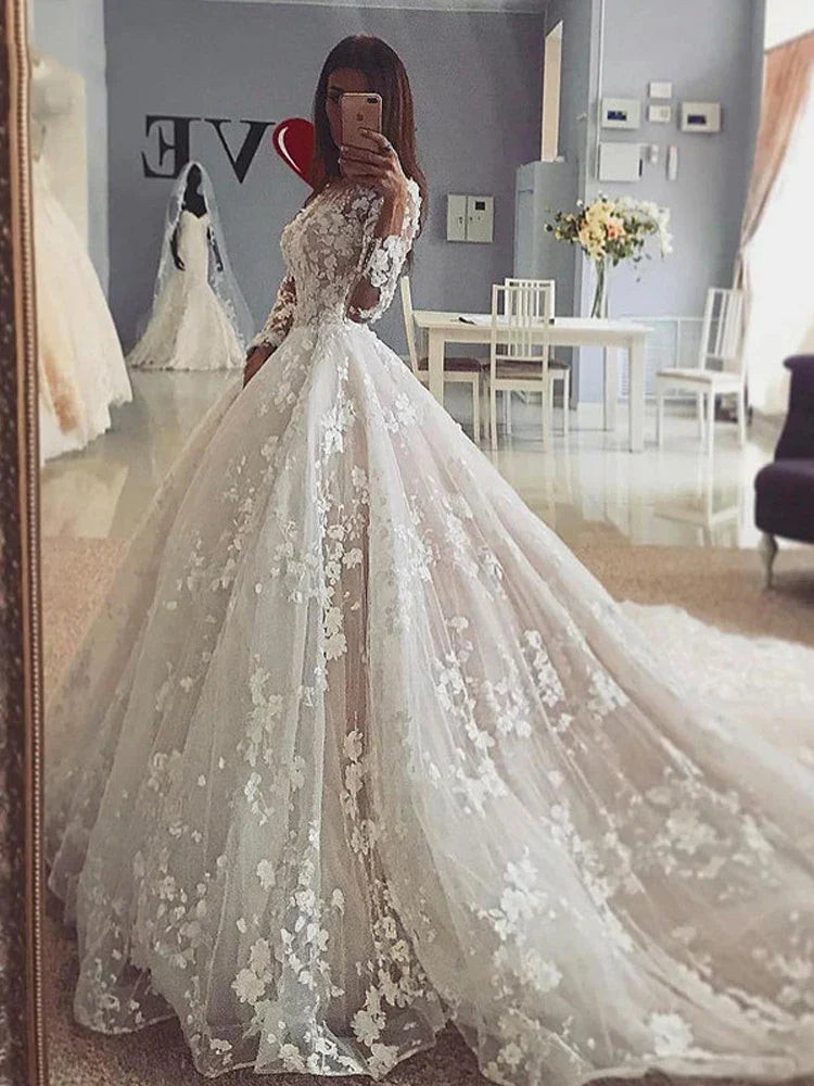 3D Lace Wedding Dresses 3D Lace Long Sleeve Appliques Bride Dress Vintage Appliques Wedding Gowns 2024 Ivory