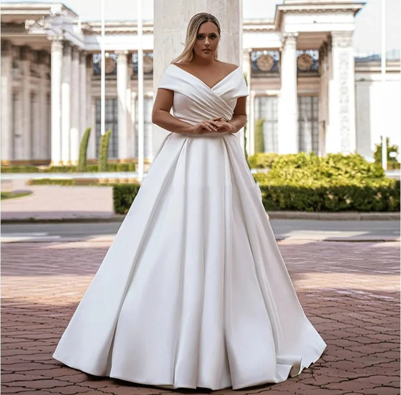 Customized Satin Wedding Dress V-Neck Off the Shoulder Short Sleeves Plus Size Bride Gowns Classic A-Line Vestidos De Novia