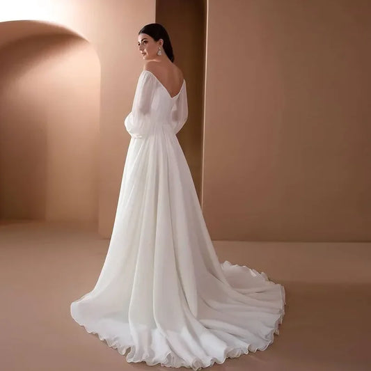 Simple Bohemian Wedding dress Sexy backless line neckline Long sleeve pleated A-line bridal dress Beach Outdoor Wedding