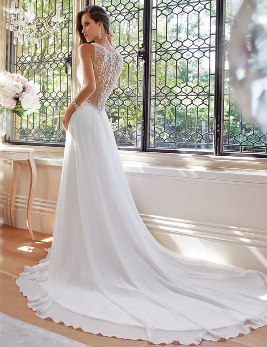 Luxury New Bohemian Beach White Wedding Dress Sleeveless V-neck Long dress Sexy Illusion Backless lace beaded bridal dress