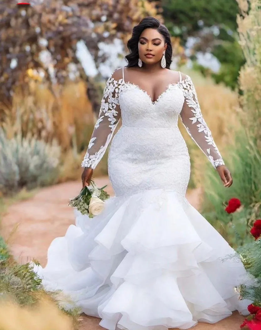 Plus size mermaid wedding dress 2026 sheer neck long sleeves lace appliques ruffles tiered African