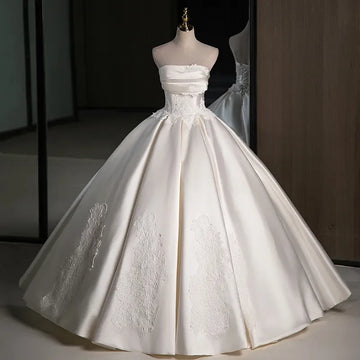 Customized Elegant Champagne Lace Satin Wedding Dress Ball Suit Strapless Sleeveless Backless Floor Length Long Wedding