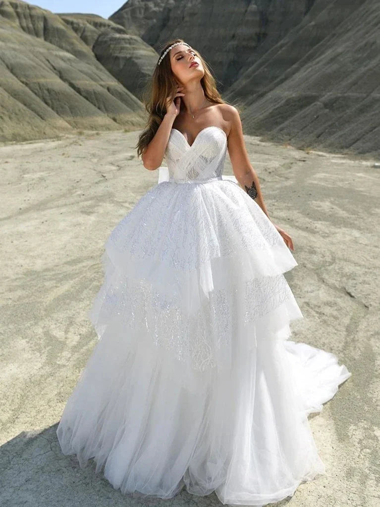 Gorgeous Wedding Dresses A-Line Sweetheart Bridal Robes Bow Tiered Ball Gowns For Formal Party Tulle Vestidos De Novia