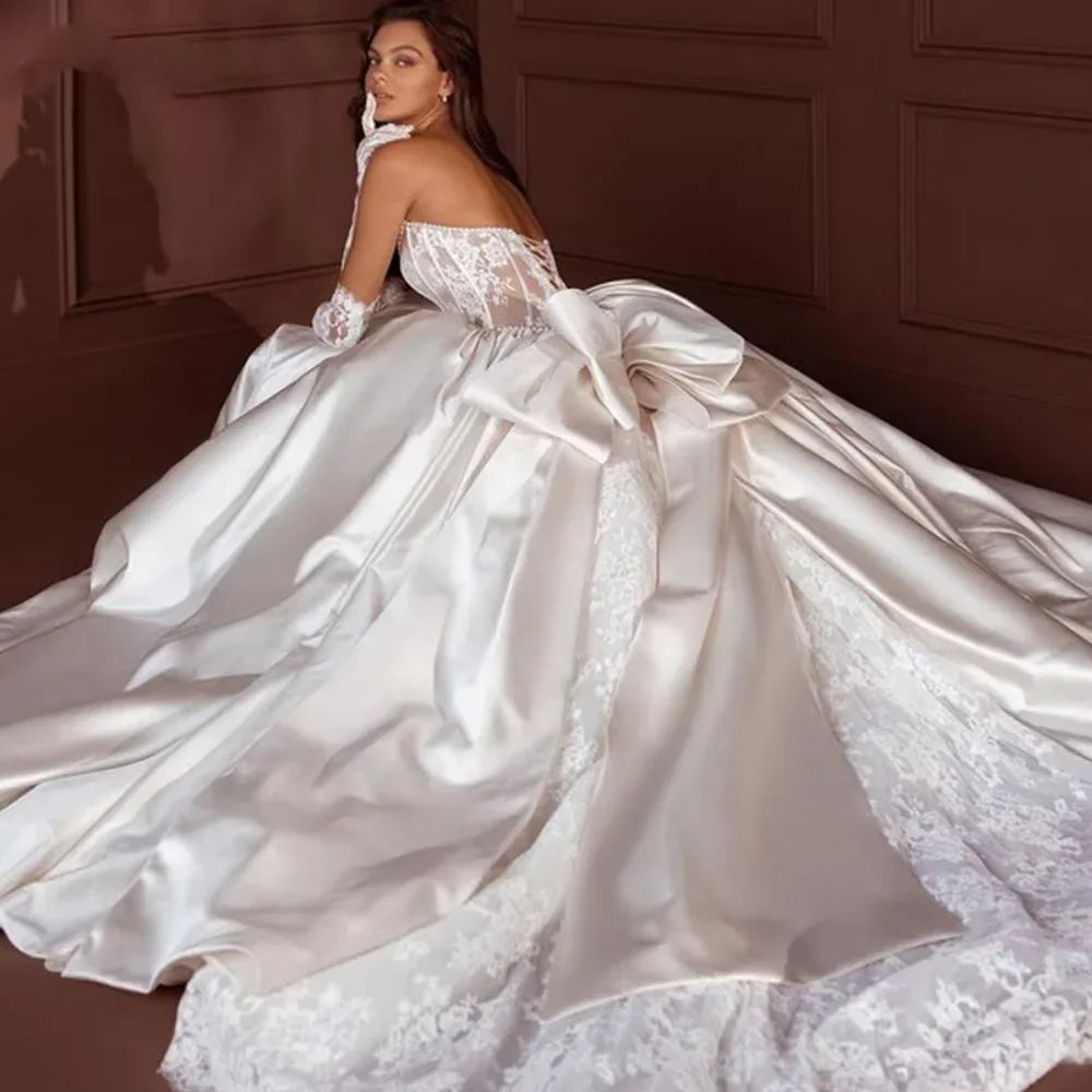 Customized Gorgeous Strapless Ball Gown Satin Wedding Dress Vintage Pearls Lace Women Bridal Gowns With Bow Vestido de novia