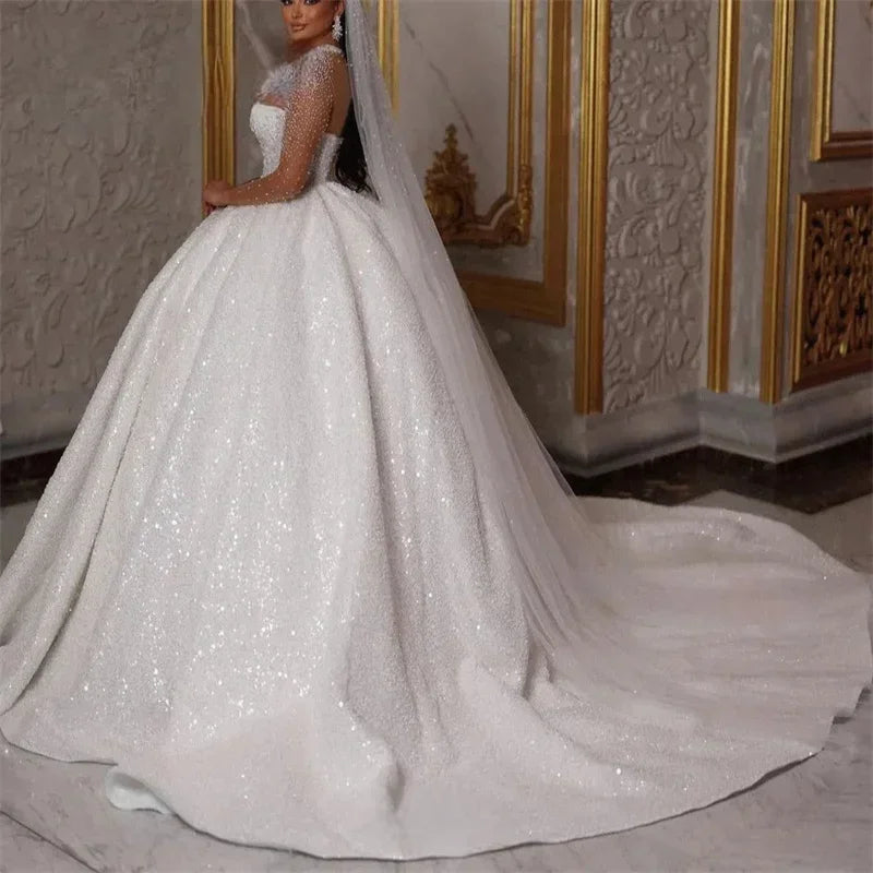 Customized Sparkle African Wedding Dresses Luxury Ball Gown Glitter Beads Sequin Long Sleeves Sexy Dubai Bride Bridal Gown