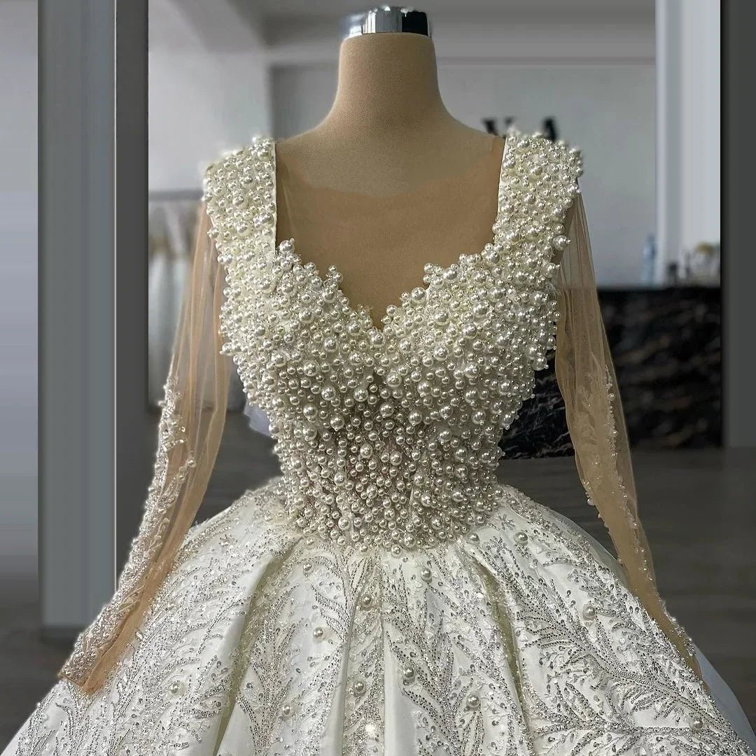Customize Princess Wedding Dresses Illusion Full Sleeve Ball Gown Pearls Beaded Applique Vestidos de novia amanda novias officia