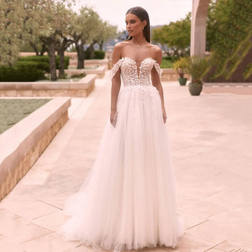 Customized Elegant A-line Boho Wedding Dress V Neck Floral Lace Off-Shoulder Tulle Large Size Bridal Gown for Women