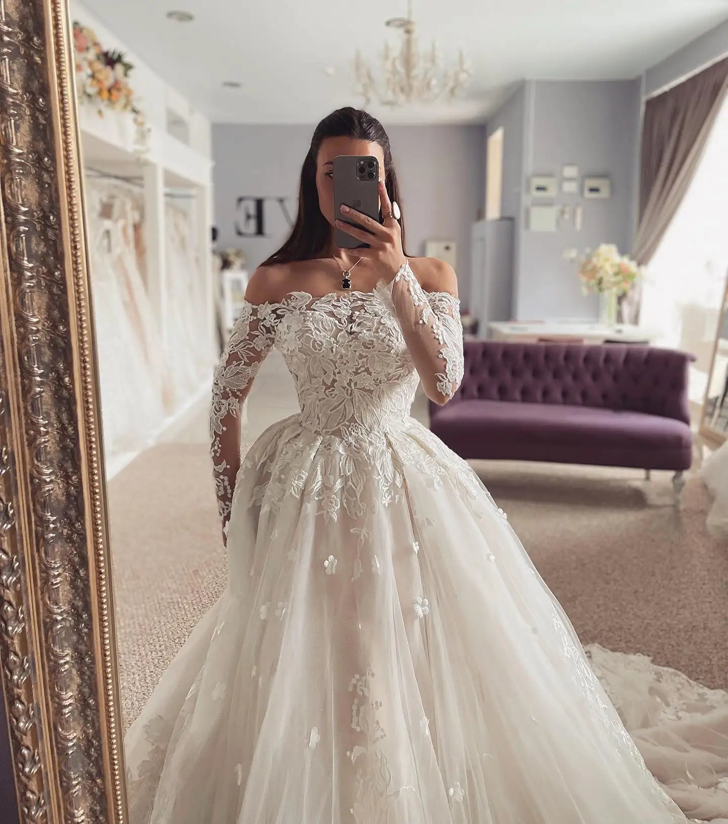 Full sleeves vintage off-shoulder lace illusion formal royal ball gown applique wedding dress side view