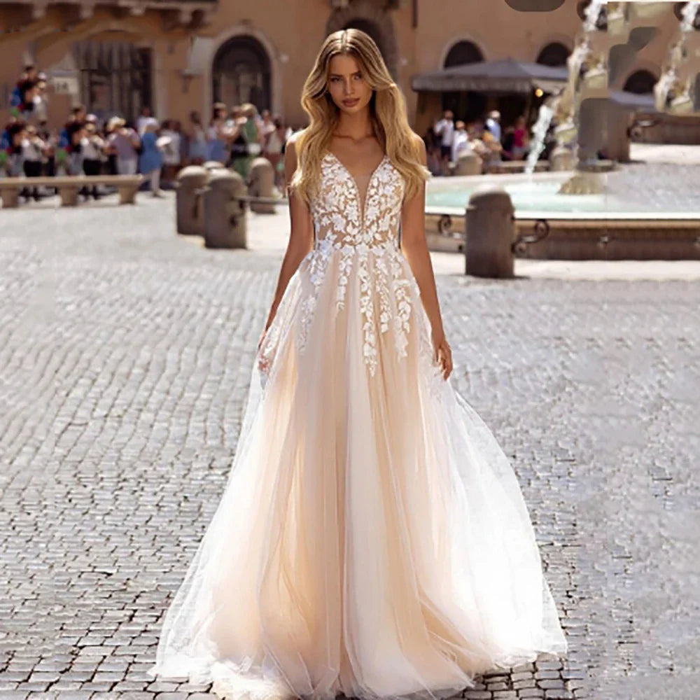 Luxury A-Line Wedding Dresses Illusion Lace Appliques Tulle Elegant Bride Gown Romantic Bridal Dresses Customized