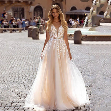Luxury A-Line Wedding Dresses Illusion Lace Appliques Tulle Elegant Bride Gown Romantic Bridal Dresses Customized