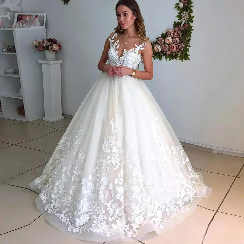 Ball gown O-neck lace bodice sleeveless court train women wedding dress bridal gown side view