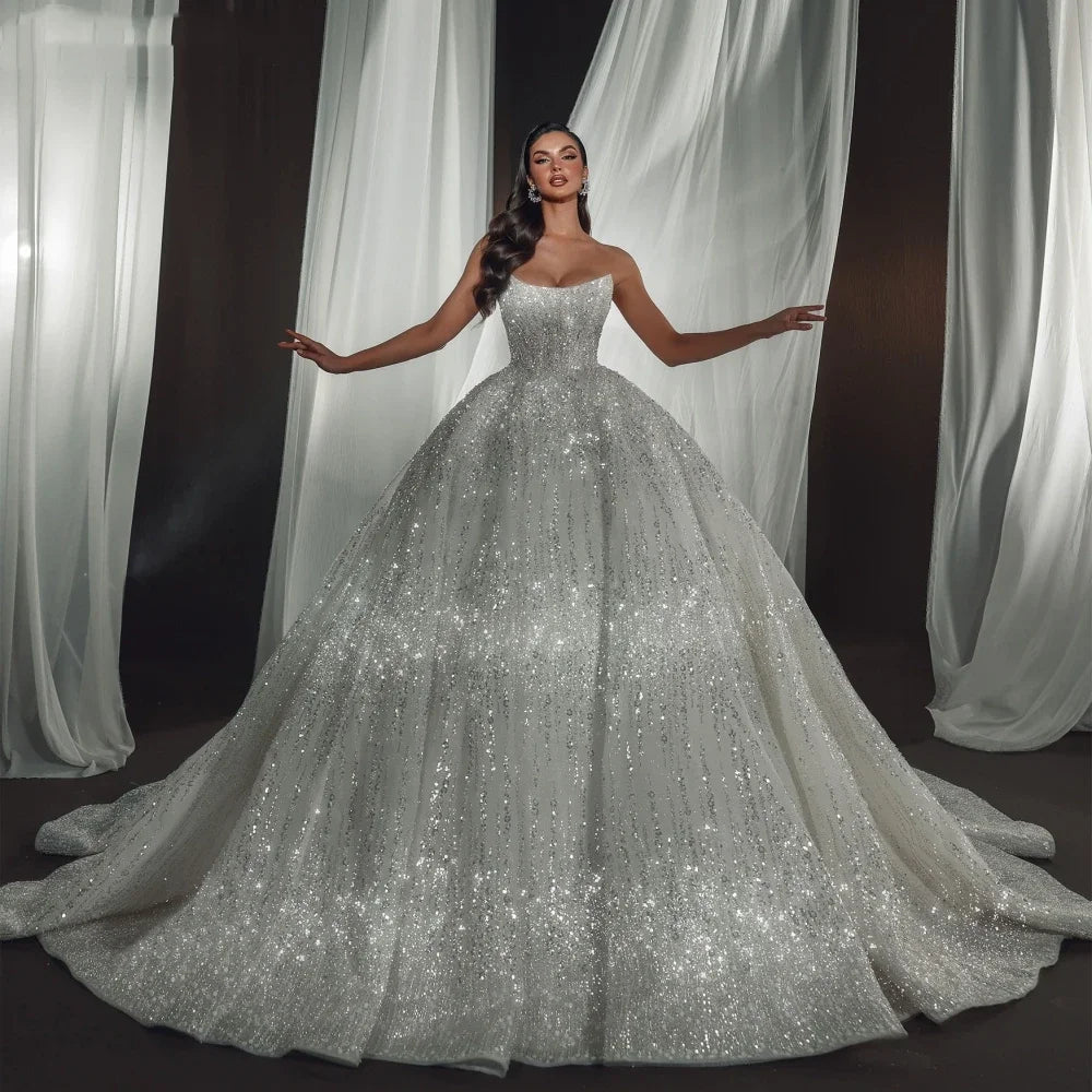 Customized Sexy Strapless Sleeveless Bridal Dress Shiny Sequins Pearls Wedding Gown Luxury Ball Gown Bride Robe Vestido De Novia