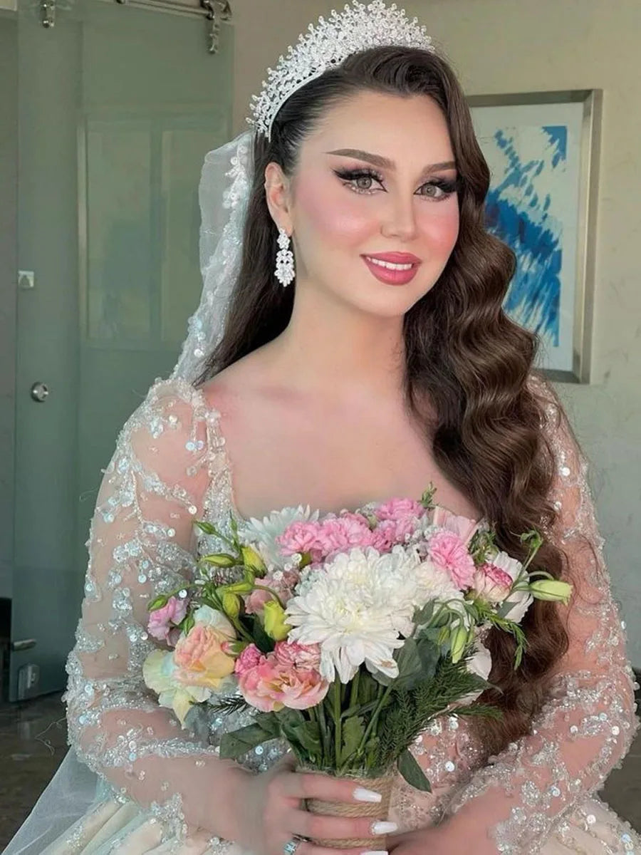 Customize Gorgeous Lvory Wedding Dress Sequined Beading Illusion Ball Gow Long Sleeve Saudi Arabic Bridal Gown Vestidos De Novia