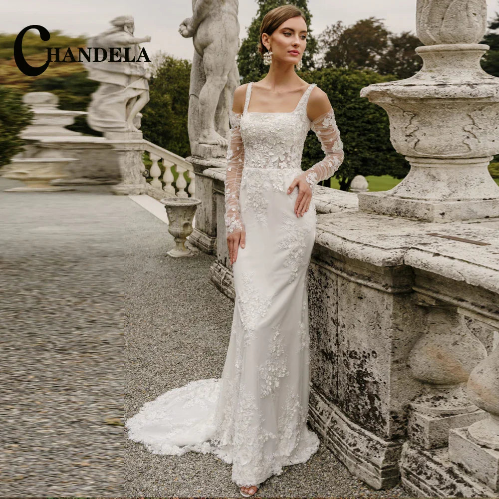 Mermaid wedding gown square collar sleeveless backless lacing-up appliques chapel train bridal dress