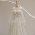 Bohemian romantic sweetheart puff sleeve lace beading appliques wedding dress bridal gown back view