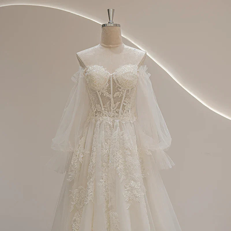 Bohemian romantic sweetheart puff sleeve lace beading appliques wedding dress bridal gown back view
