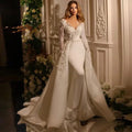 2-in-1 mermaid wedding dress full sleeves beaded floor length satin detachable train bridal gown