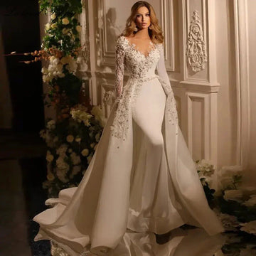2-in-1 mermaid wedding dress full sleeves beaded floor length satin detachable train bridal gown