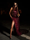 Backless high slit wine red feather sequin halter sleeveless sexy long maxi celebrity evening dress detail