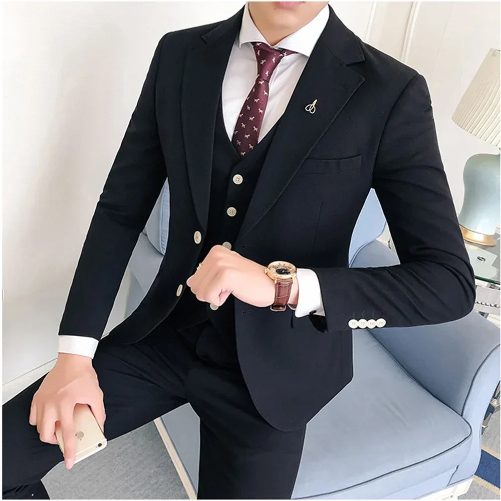 Men suit wedding business casual slim notch lapel 3 piece blazer vest pants costume