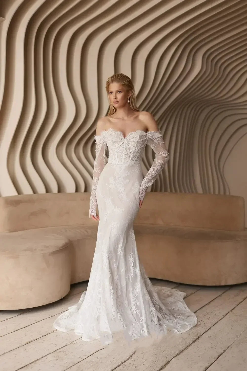 Customized Sexy Lace Mermaid Wedding Dresses Pearls Sweetheart Neck Long Sleeves Bridal Gown vestidos de novia