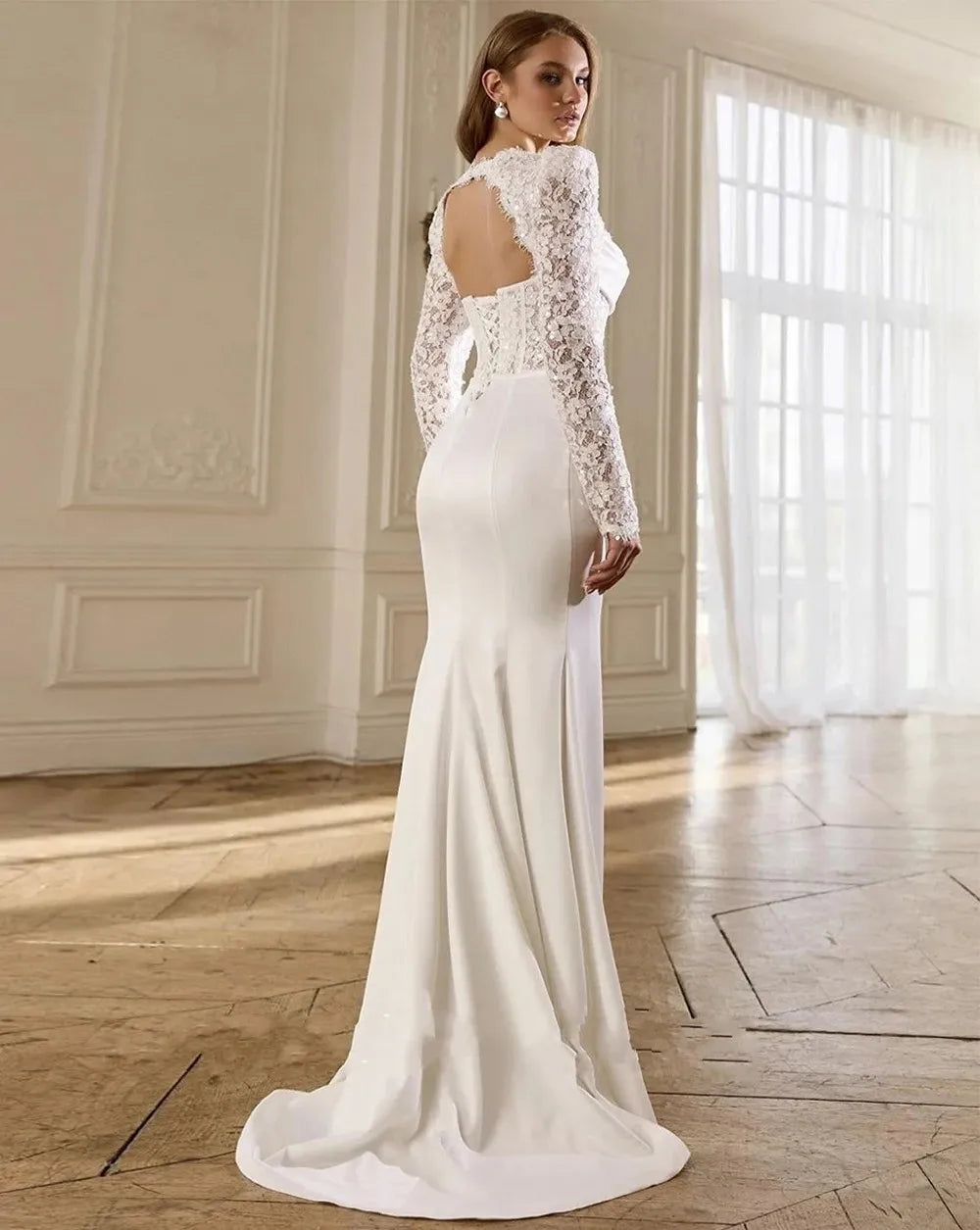 Modern mermaid bridal gown 2026 sweetheart long sleeves pleat sequined lace wedding dress