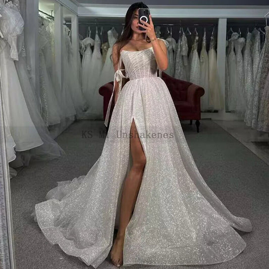 Shiny Glitter Wedding Dresses Sexy Vestido de Noivas Split Side Wedding Gowns Strapless Straps Elegant Beach Bridal Dress Boho