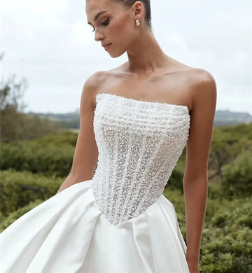 Shiny beaded sequined wedding dress 2026 detachable long sleeves strapless side slit A-line
