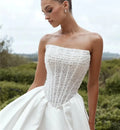 Shiny beaded sequined wedding dress 2026 detachable long sleeves strapless side slit A-line bridal gown