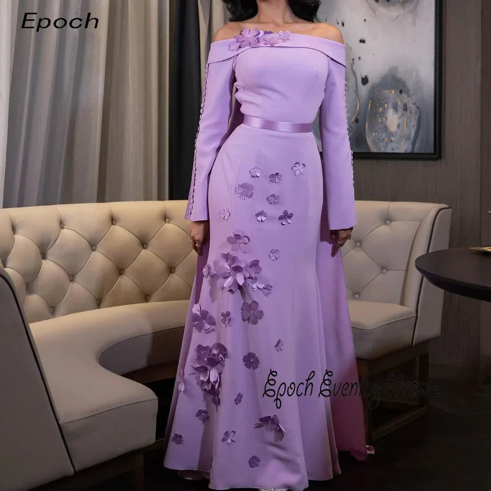 Elegant Evening Dress For Sexy Women فساتين السهرة Luxury Appliques Boat Neck A-Line Purple Cocktail Party Prom Gown