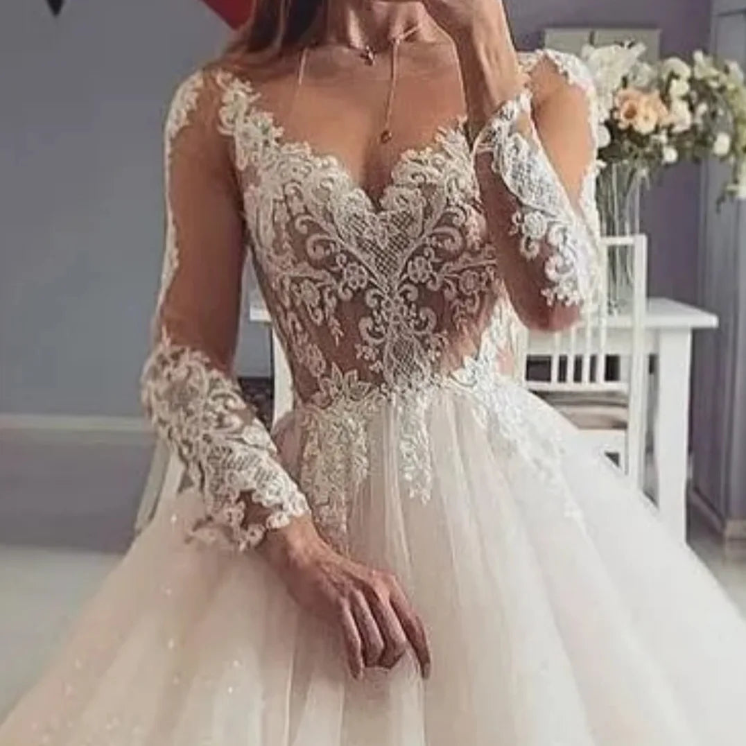 Classic A-line wedding dress sheer neck long sleeves lace appliques tulle princess boho garden bridal gown