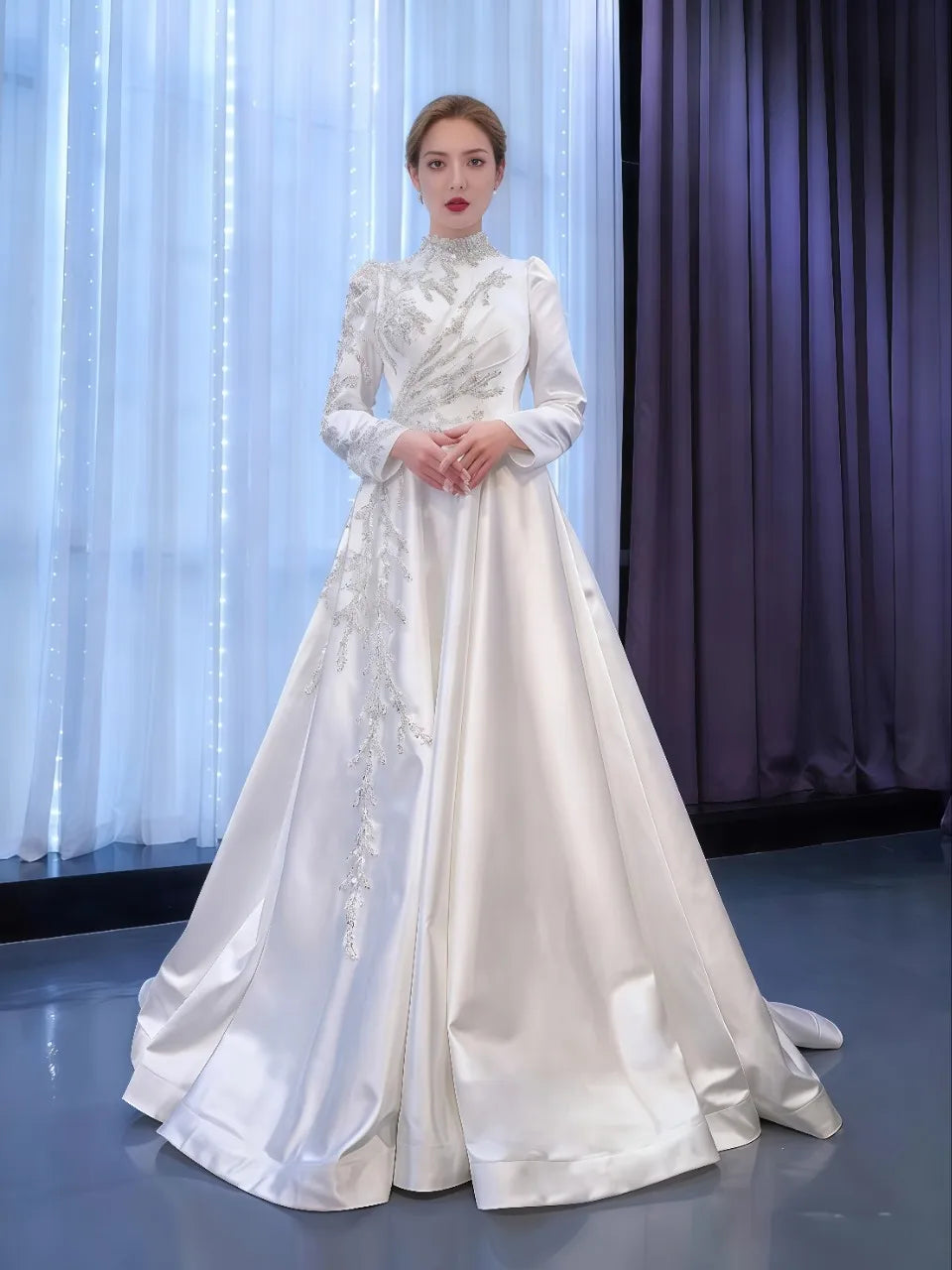Elegant Arabic Dubai wedding dress high neck embroidery sequins satin A-line bridal gown