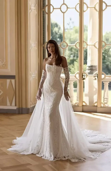 Customized Detachable 2 In 1 Mermaid Wedding Dress Lace Applique Bridal Gown Detachable Full sleeve Vestido De Novia