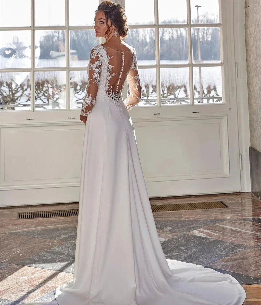 Vintage A-line Wedding Dress Scoop Lace Appliques Long Sleeves Illusion Buttons Back Satin Bride Gowns Robe Mariage