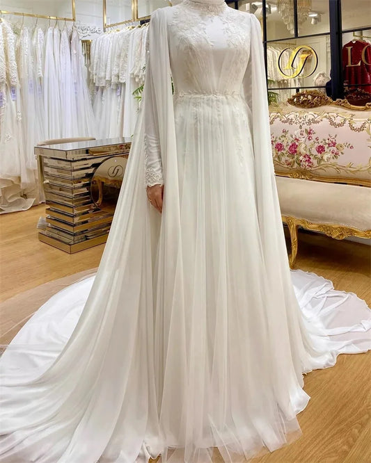 Customized 2025 Elegant Women's Wedding Dresses for Bride High Neck Chiffon Long Sleeves Bridal Gown with Cape