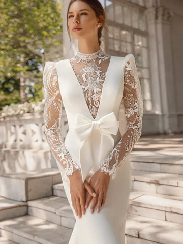 Modest High Collar Long Sleeve Wedding Dress Sparkly Sequins Appliques Bride Robe Elegant Mermaid Bridal Gown Robe De Mariée