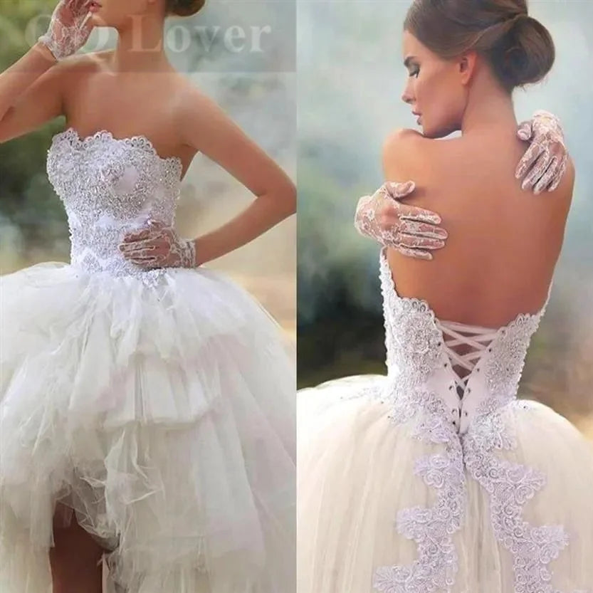 Short Front and Long Back Wedding Dress Beads Lace Customized Lace Up Back Vestidos De Novia Applique Vestido De Noiva