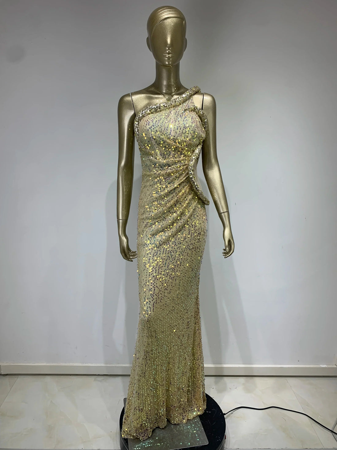 Women Summer Luxury Sexy One Shoulder Mesh Sequins Cut Out Maxi Long Gowns Dress Elegant Evening Party Club Dress