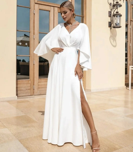 Customize To Measures V-Neck Wedding Dress Side Slit Bat Wing Bridal Gowns Spadex Robe Mariee 2025 Floor Length Soft Fabric