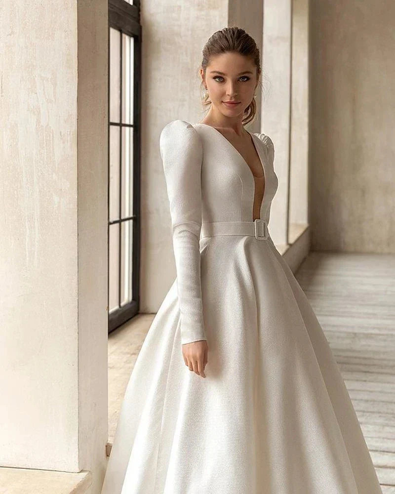 Classic Elegant Wedding Dresses A-Line Satin Bridal Gowns V-Neck Long Sleeves Robes For Formal Party 2024 Vestidos De Novia