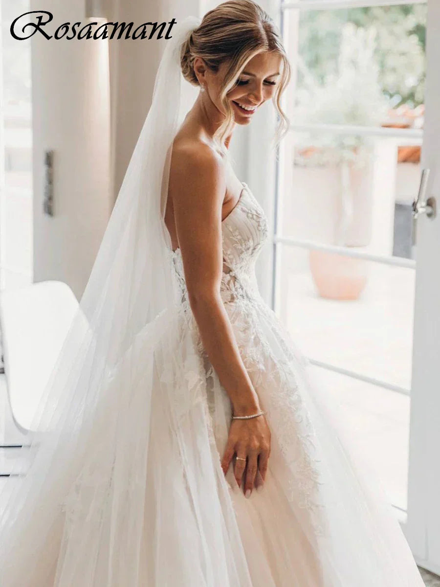 Sweetheart sleeveless floral lace ball gown romantic bridal gown side view