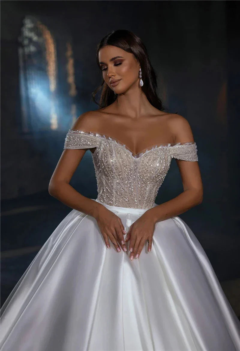 A-line gorgeous one-shoulder satin glittering beads sleeveless princess wedding party gown back view