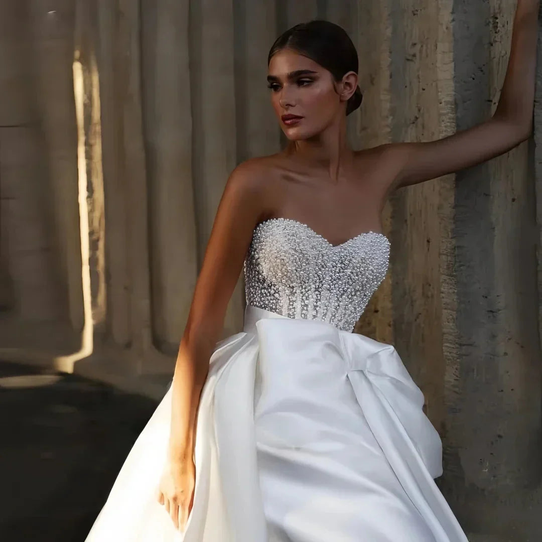 2026 Elegant Gorgeous Wedding Dress High Neck Long Illusion Sleeves Pearls Bow Sash A Line Church Bride Bridal Gowns Vestidos