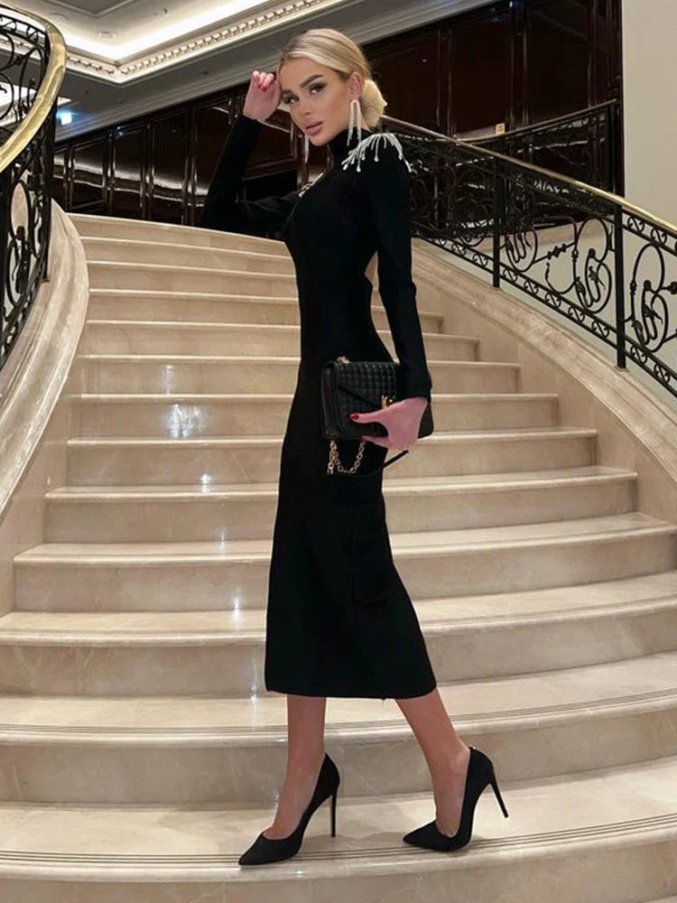 CNYISHE Beading Split Sexy Club Women Dresses Half High Neck Long Sleeve Streetwear Backless Slim Bodycon Female - Image 4