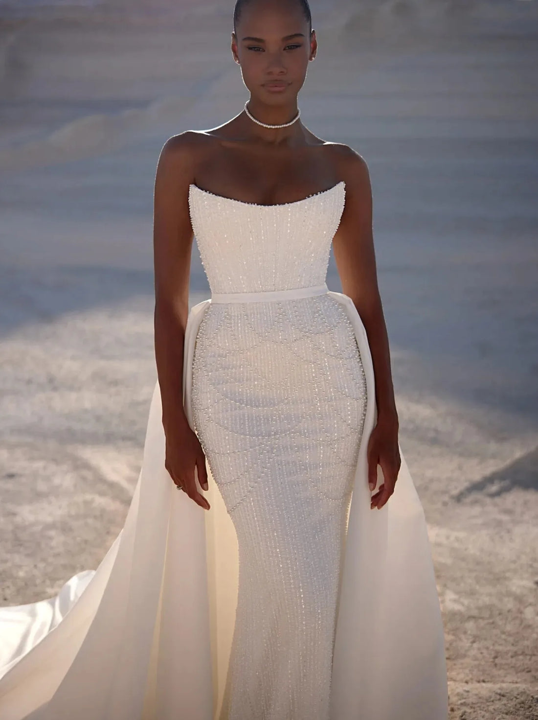 Luxury sequins mermaid wedding dress detachable train strapless beads lace-up African bridal gown