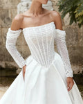 A-line 2026 shiny beaded sequined strapless detachable sleeves side slit wedding dress back view