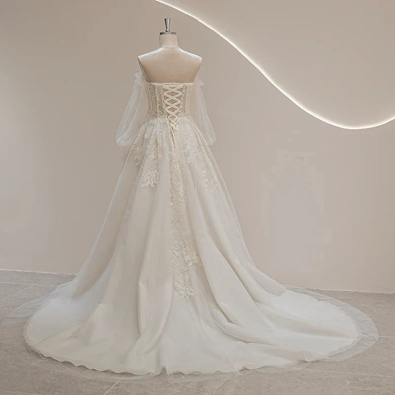 Romantic sweetheart puff long sleeve lace appliques beading bohemian bridal gown wedding dress